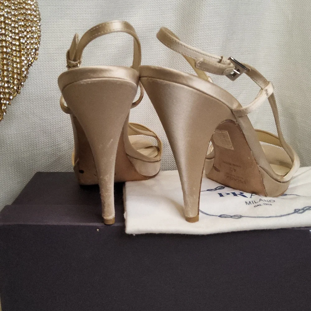 Prada Raso Sabbia champagne satin platform peep toe sandals pumps heels shoes - Picture 5 of 9